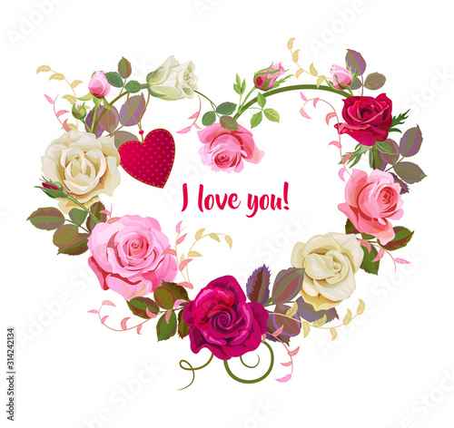 Heart of flowers. Valentine's Day card. Red, pink, white roses, red heart, gr...