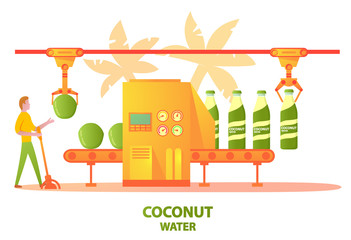 Conveyer belt factory green coconut water  drink bottling in glass bottle.Food machine.Male cartoon character factory worker.Flat vector illustration.Tropical palm trees on the background