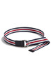 Subject shot of a striped red, white and blue canvas belt with black leather trim and decorated with a steel D-rings buckle. The stylish belt is isolated on the white background.