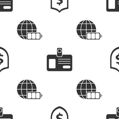 Sticker - Set Shield with dollar symbol, Identification badge and Battery charge level indicator with earth globe on seamless pattern. Vector