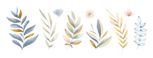 Hand Painted Watercolor Leaves, Brunches And Flowers In Soft Color Scheme - Blue, Green, Orange, Gold..