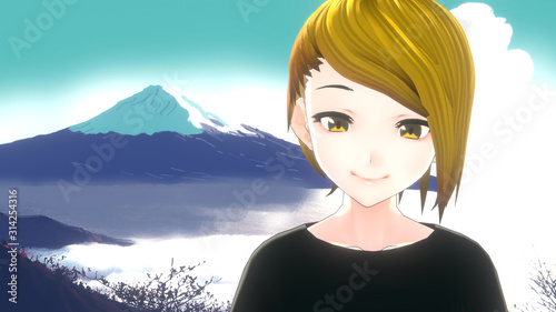 Anime Girl Cartoon Character In Front Of Mount Fuji Japan Blonde Hair With A Smile And Sky Background It S Anime Manga Girl Buy This Stock Illustration And Explore Similar Illustrations At