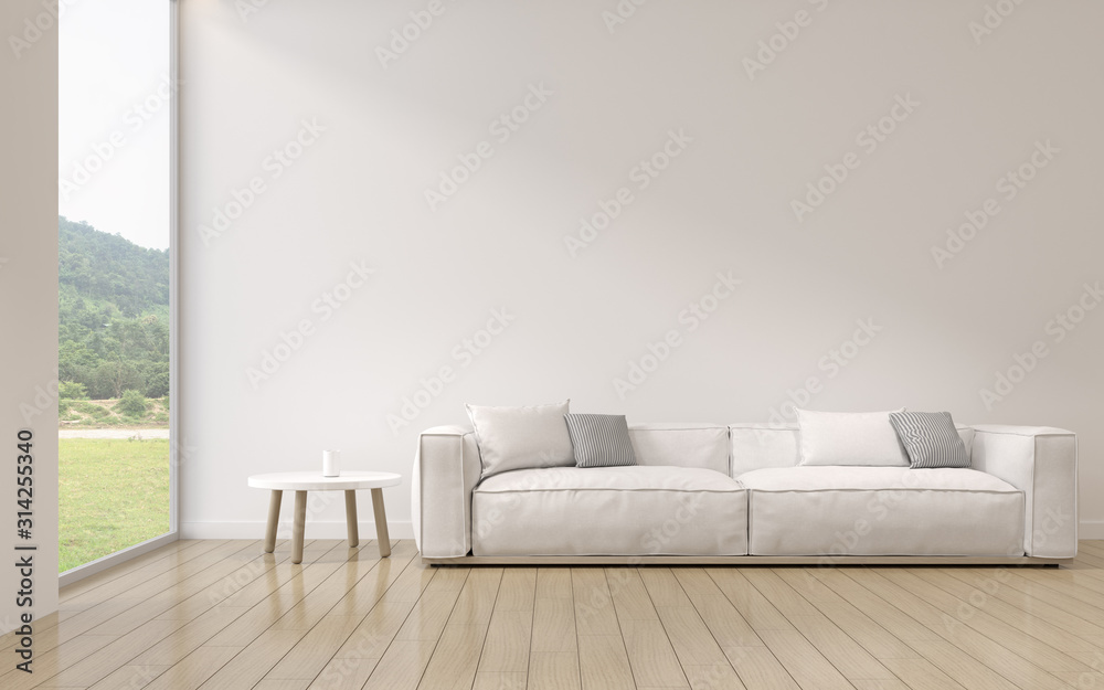 Perspective of modern luxury living room with white sofa on nature background, Minimal, Interior idea of large window. - 3D rendering. - obrazy, fototapety, plakaty 
