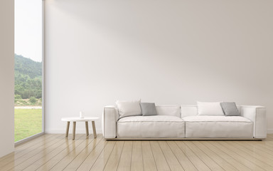 Wall Mural - Perspective of modern luxury living room with white sofa on nature background, Minimal, Interior idea of large window. - 3D rendering.