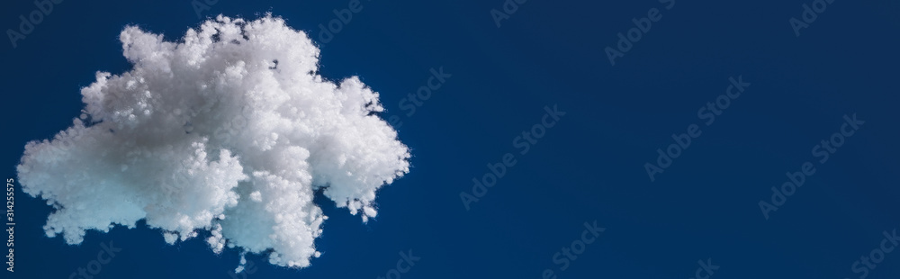 white fluffy cloud made of cotton wool isolated on dark blue, panoramic shot - obrazy, fototapety, plakaty 