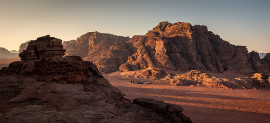 Beduin camp at sunrise in Wadi Rum desert, Jordan