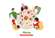 Christmas Or New Year Dinner. Family Around The The Table. Christmas Dish Dinner Design For Cards, Prints, Invitations. Vector Illustration.