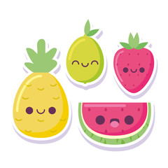 Wall Mural - kawaii lemon pineapple watermelon and strawberry cartoon vector design