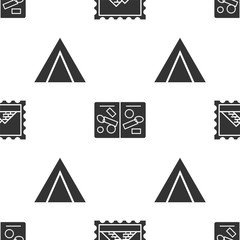 Sticker - Set Postal stamp and Egypt pyramids, Passport pages with visa stamps and Tourist tent on seamless pattern. Vector