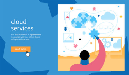 Poster - Cloud services banner. Man collects puzzle from the cloud. Flat Vector Illustration