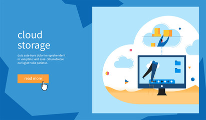 Aufkleber - cloud storage banner. man puts boxes in the cloud. flat vector illustration