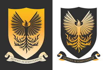 Sticker - Coat of the arms. Burning phoenix on the shield. Color and two-tone versions. Vintage design heraldic symbols and elements