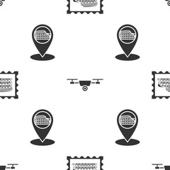 Poster - Set Postal stamp and Coliseum, Drone flying with action video camera and Map pointer with Coliseum in Rome, Italy on seamless pattern. Vector