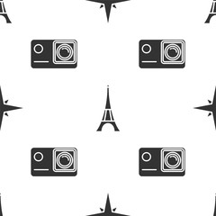 Wall Mural - Set Wind rose, Eiffel tower and Action extreme camera on seamless pattern. Vector