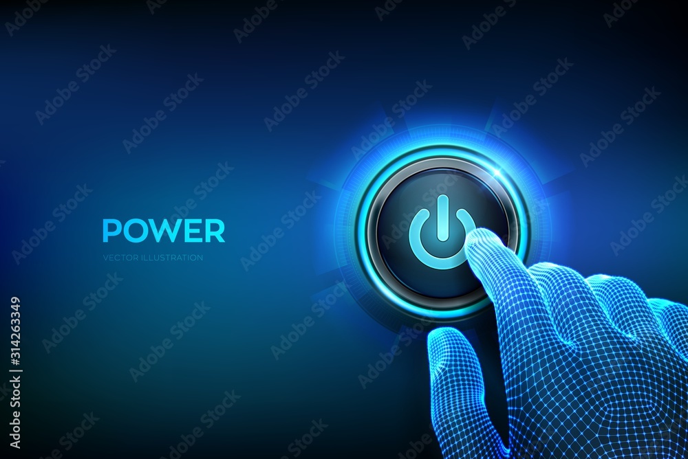 Power button. Closeup finger about to press a power button. Just push the button. Hardware equipment concept. Vector illustration. - obrazy, fototapety, plakaty 