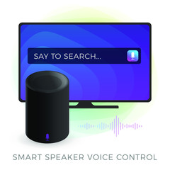Poster - Smart Speaker TV Voice Control concept illustration.  AI (artificial intelligence) personal assistant controls voice commands in conjunction with IOT smart TV. Flat isometric vector icon