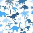 Seamless pattern with colorful blue dinosaur silhouettes