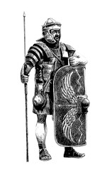 Canvas Print - Roman legionary illustration. Roman soldier black and white drawing. 