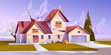 Adandoned Old House With Broken Roof And Boarded Up Windows. Vector Cartoon Illustration Of Derelict Dilapidated Home, Forgotten Ramshackle Building On Mountains Landscape