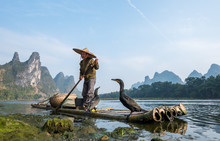 A Fisherman And His Cormorants On A Bamboo Raft In Guilin, China
