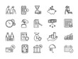Large set of line drawing icons for pension and retirement planning with financial, banking, charts, graphs, money, old age, pension, planning and credit card over white, vector illustration