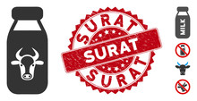 Vector Cow Milk Icon And Corroded Round Stamp Seal With Surat Phrase. Flat Cow Milk Icon Is Isolated On A White Background. Surat Stamp Seal Uses Red Color And Grunged Surface. Bonus Icons Are Added.