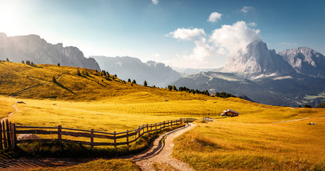  Dolomites, Italy Landscape at Passo Gardena with majestic Sella mountain group in northwestern Dolomites. Famous travel destination for adventure, trekking, hiking and outdoor activity.