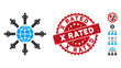 Vector planetary society icon and rubber round stamp seal with X Rated caption. Flat planetary society icon is isolated on a white background. X Rated stamp uses red color and grunged surface.