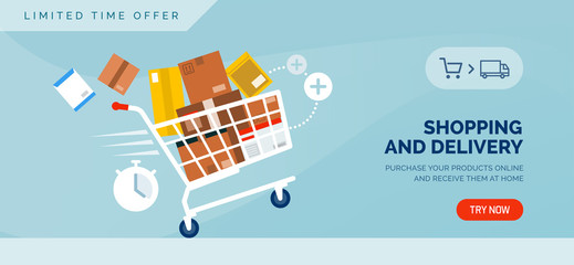shopping and delivery promotional sale banner with shopping cart