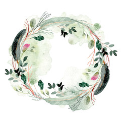 misty feather and floral watercolor wreath