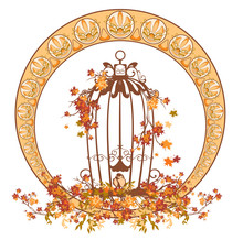 Art Nouveau Style Autumn Season Decorative Vector Frame With Cage Among Maple Tree Branches And Sitting Bird