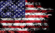 Smoke Shape Of National Flag Of United States Of America Isolated On Black Background.