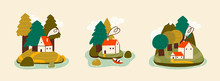 Small Tiny Houses In The Woods On The Island. River, Stones. Summer, Autumn Mood. Flat Design. Scandinavian Style. Hand Drawn Trendy Vector Illustrations. Cartoon Style. Three Isolated Illustrations