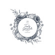 © Maria - Tasty granola round design template. Engraved style illustration. Various berries, fruits and nuts. Vector illustration