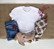 White tshirt mockup - shirt boots plaid scarf and jeans. Christmas mock up