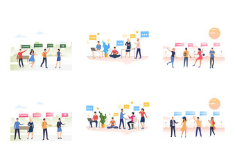 Poster - Set of tourists waving hands and practicing foreign languages. Flat vector illustrations of cartoon characters speaking various languages. Travel concept for banner, website design or landing web page