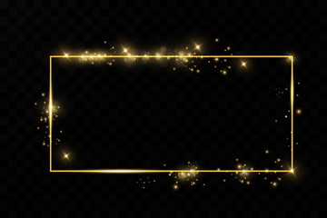  Golden frame with lights effects. Shining rectangle banner. Isolated on black transparent background. Vector illustration, eps 10