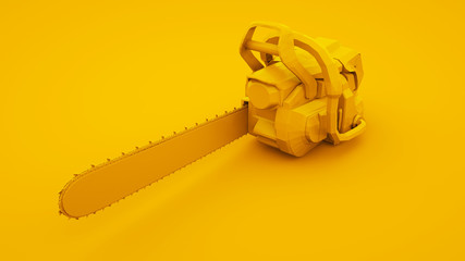 Chainsaw on yellow background. Minimal idea concept, 3d illustration