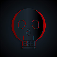 Sticker - Paper cut Skull icon isolated on black background. Happy Halloween party. Paper art style. Vector Illustration