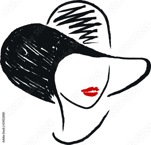 abstrakcjonistyczny-kobieta-portret-w-kapeluszu-z-czerwonymi-wargami-kreda-na-bialym-tle-postac-na-bialym-tle-koncepcja-do-druku-logo-ikony-karty