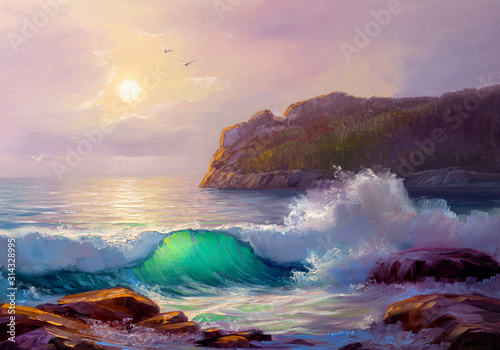 Naklejka ścienna Painting seascape. Sea wave.