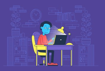 Freelancer worked at night in home office with laptop. Late work by a man at the computer. Vector illustration.