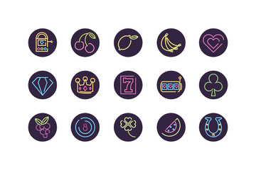 Sticker - Neon and casino icon set inside circles vector design