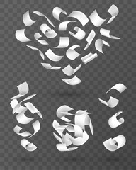 Poster - Fly papers set. Chaotic falling and flying empty white sheets groups, scattered notes with curved pages corners, document mockup isolated on transparent background Realistic 3d vector Illustration