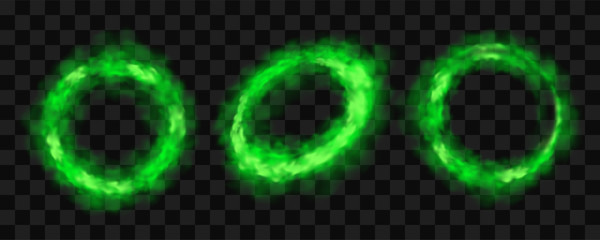 Wall Mural - green smoke circles, round glow smog clouds set, steam isolated on transparent background. cigarette