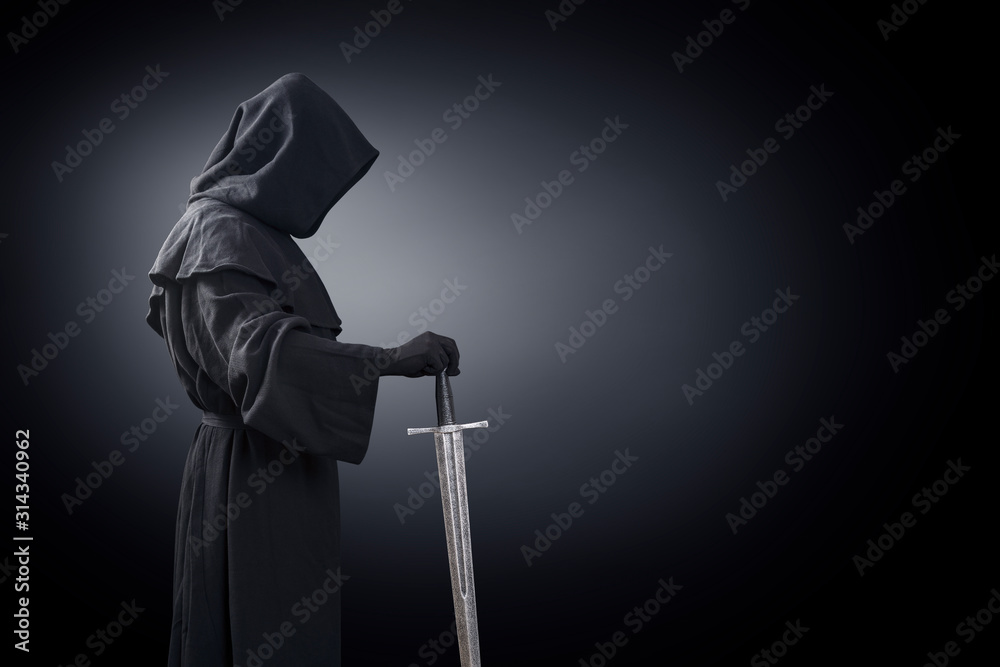 Ghostly figure with medieval sword in the dark - obrazy, fototapety, plakaty 