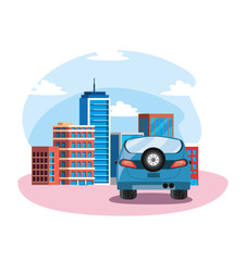 Wall Mural - Car on the street in front of buildings vector design