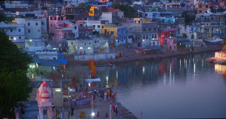 Fototapete - View of famous indian hinduism pilgrimage town sacred holy hindu religious city Pushkar with Pushkar ghats. Rajasthan, India. Horizontal pan
