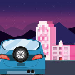 Wall Mural - Car on the street in front of buildings vector design