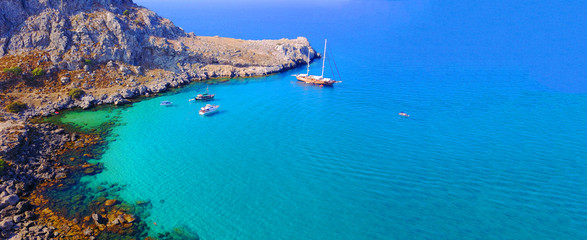 Aerial drone ultra wide photo of famous beach of Haraki in Rodos island, Dodecanese, Greece